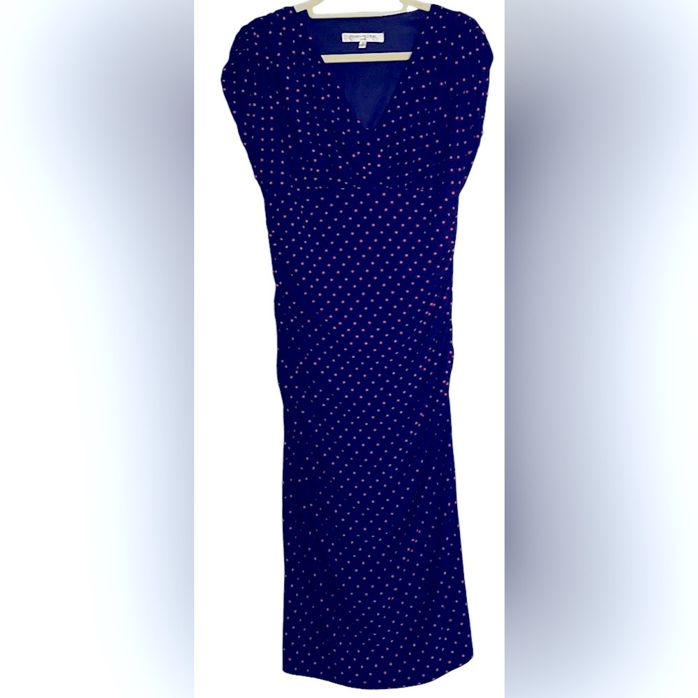 EVAN PICONE Navy Blue/Pink Polka Dot Sleeveless Midi Dress w/Rouching, Sz 8, GUC